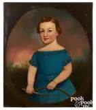 folk portrait of a boy with hoop by Joseph Goodhue Chandler, oil on canvas, sold May 2021