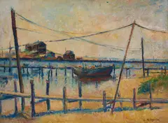 Boats on Waterside, Rhode Island by Clara Klinghoffer, oil on canvas, sold Apr 2021