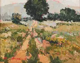 Path in Valley by Earline Barnes, oil on masonite, sold Apr 2021