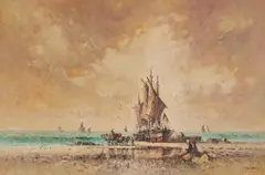 Pulling In The Sails by Laszlo Ritter, oil on burlap (unstretched), sold Apr 2021
