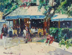 Cafe in Blue & White by Lisandro Lopez Baylon, oil on canvas (unstretched), sold Apr 2021