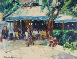 Cafe in Blue & White by Lisandro Lopez Baylon, oil on canvas (unstretched), sold Apr 2021