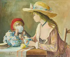 Tea For Two by Jacques Lalande, oil on canvas (unstretched), sold Apr 2021