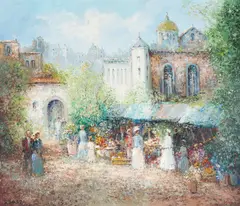 The Flower Market by Willi Bauer, oil on canvas (unstretched), sold Apr 2021