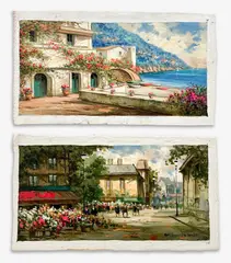 City and Country Scenes (2) by Pierre Latour, oil on canvas (unstretched), sold Apr 2021