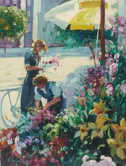 Picking Flowers by Lisandro Lopez Baylon, oil on canvas (unstretched), sold Apr 2021
