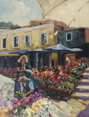 Fresh Flowers in Capri by Lisandro Lopez Baylon, oil on canvas (unstretched), sold Apr 2021