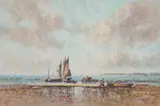 Beached Boats by Laszlo Ritter, oil on burlap (unstretched), sold Apr 2021