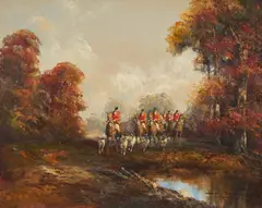 Hunt II by Kurt Heyden, oil on canvas (unstretched), sold Apr 2021