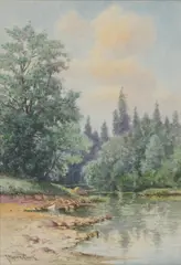 Riverscape by C Myron Clark, watercolor on paper, sold Apr 2021