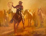 Untitled (Cowboys) by Frank Tauriello, oil on canvas (unstretched), sold Apr 2021