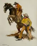 Bronco 2 Cowboys by Pál Fried, oil and charcoal on canvas, sold Apr 2021