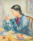 Girl Drinking Tea by Clara Klinghoffer, 1969, oil on canvas, sold Apr 2021