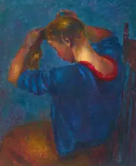 Rachel, Doing Hair by Clara Klinghoffer, 1955, oil on masonite, sold Apr 2021