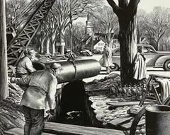 Untitled (Pipeline Construction in a New England Town) by Edward Arthur Wilson, 1945, lithograph, sold May 2021