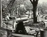 Untitled (Pipeline Construction in a New England Town) by Edward Arthur Wilson, 1945, lithograph, sold May 2021