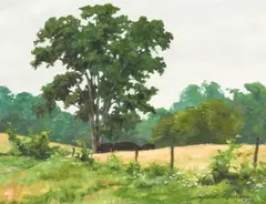 Brown's Farm (Pastoral scene with cows) by Lanford Monroe, 1987, oil on canvas, sold May 2021