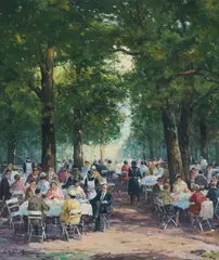 Biergarten by Karl Mohr, oil on canvas (unstretched), sold May 2021