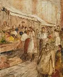 Saturday Morning (The Market, Northwood) by George Lawrence, 1957, oil on composition board, offered Apr 2013
