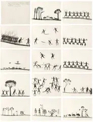 Sketchbook by Tommy McRae, 1881, sketchbook with 14 images, pen and black ink on paper, the first two with traces of blue ink, sold Mar 2013