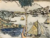 The Boat, Sydney Harbour by Margaret Preston, c.1920, hand-coloured woodcut, sold Nov 2012