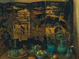 Spanish Bottles And Chinese Screen by Margaret Olley, c.1985, oil on composition board, sold Aug 2012