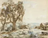 Pastoral Scene by Hans Heysen, 1930, crayon, wash and tempera on paper, sold Aug 2012