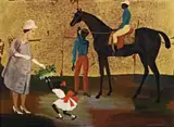 A Visit To The Stables by Donald Friend, c.1965, oil and gold leaf on composition board, sold Aug 2012