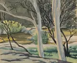 Landscape With River And White Gums by Kenneth Robertson Macqueen, watercolour on paper, sold Aug 2012