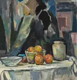 Still Life With Red Apples by William Frater, 1970, oil on composition board, sold Aug 2012