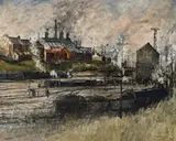 Marshalling Yards, White Bay by George Lawrence, 1952, oil on card on composition board, sold Aug 2012