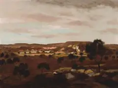 Mining Camp by Ray Crooke, 1960s, oil on board, offered Aug 2012