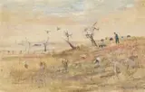 Figure And Sheep, Wimmera by Arthur Boyd, c.1951, oil and gouache on paper on board, sold May 2012