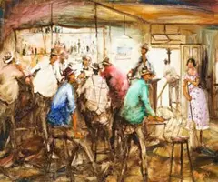The Cribbage Game by Hugh Sawrey, oil on composition board, sold May 2012