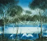 Ibis In Landscape by Pro Hart, oil on composition board, sold May 2012