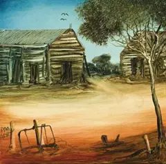Bush Hut by Pro Hart, oil on composition board, sold May 2012