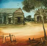 Bush Hut by Pro Hart, oil on composition board, sold May 2012