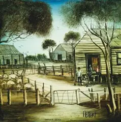 Smoko At The Woolshed by Pro Hart, oil on composition board, sold May 2012
