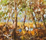 Cattle Blokes Along The Barcoo River by Hugh Sawrey, oil on composition board, sold May 2012