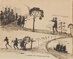 Buckley’S Escape by Tommy McRae, 1890s, pen and ink on paper, sold Apr 2012