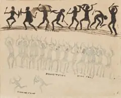 Murray Tribe Warfare by Tommy McRae, 1890s, pen and ink on paper, sold Apr 2012