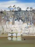 Black Swan And Reflected Rocks, Shoalhaven by Arthur Boyd, oil on composition board, sold May 2007