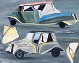 Motor Cars And Drivers by Ken Whisson, 1975, oil on composition board, sold May 2007