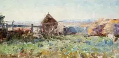 Haystacks by Frederick McCubbin, c.1912, oil on canvas board, sold May 2007
