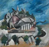Landscape (The Big Dipper At Luna Park, St Kilda Beach) by Sidney Nolan, 1942, oil on board, offered May 2007
