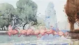 Pink Flamingos by Sydney Long, watercolour on paper, sold May 2007