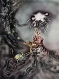 Scissor Man Disguised As A Hilltop Oracle by James Gleeson, 1976, airbrush and collage on paper, offered May 2007