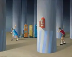 Children Skating In A Garage by Jeffrey Smart, c.1967, oil on canvas, sold Aug 2007