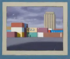 First Study For Containers With Storm Clouds by Jeffrey Smart, 1990, oil on canvas on board, offered Aug 2007