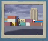 First Study For Containers With Storm Clouds by Jeffrey Smart, 1990, oil on canvas on board, offered Aug 2007